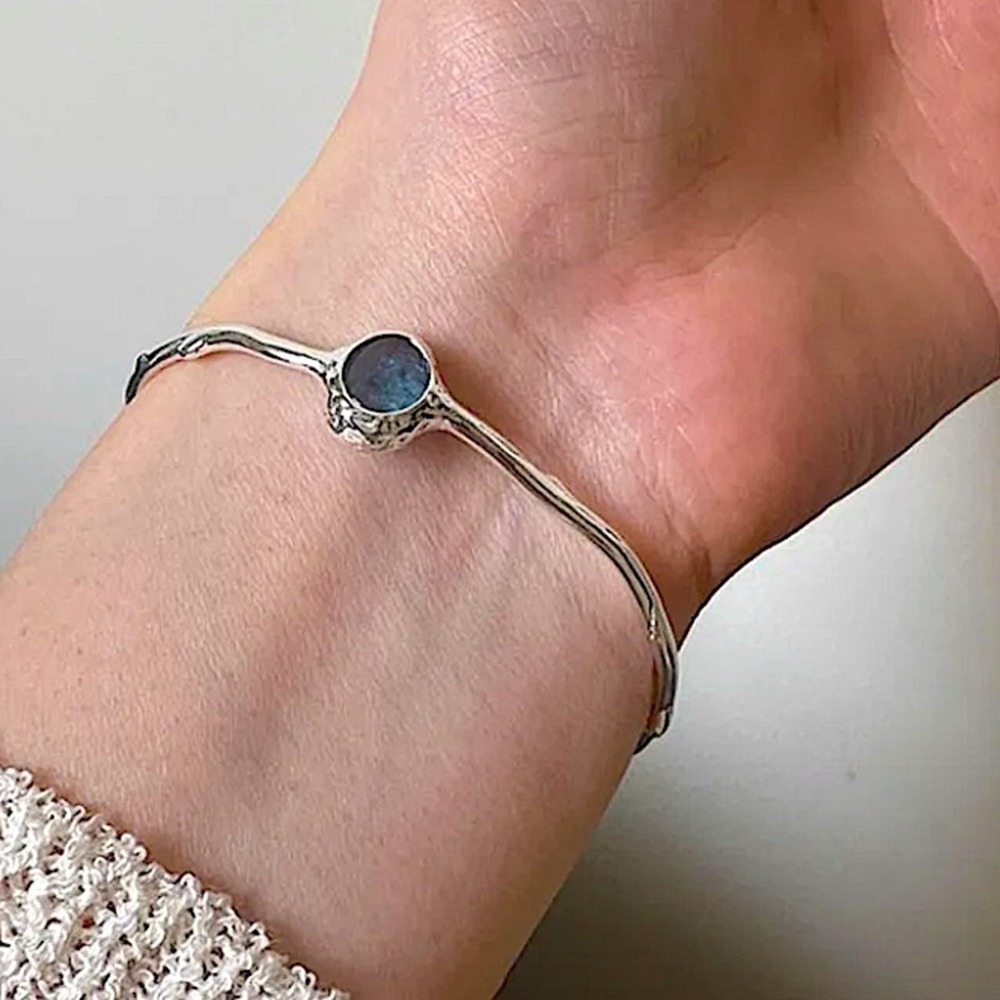 Sterling Silver Aquamarine Bangle Bracelet, Cuff, Blue Topaz, Minimalist - Picture 3 of 7
